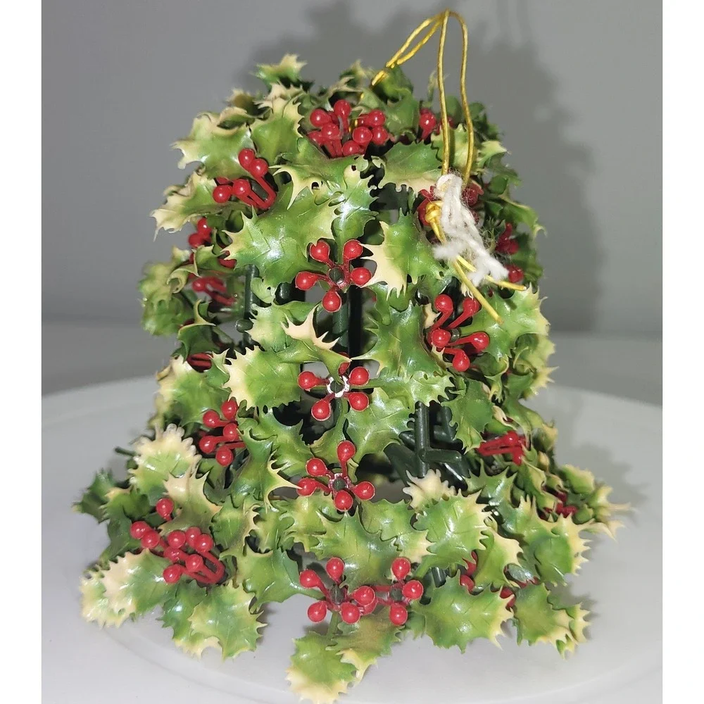 Christmas Bell Plastic Ornament Green Holly Berry Vintage Style